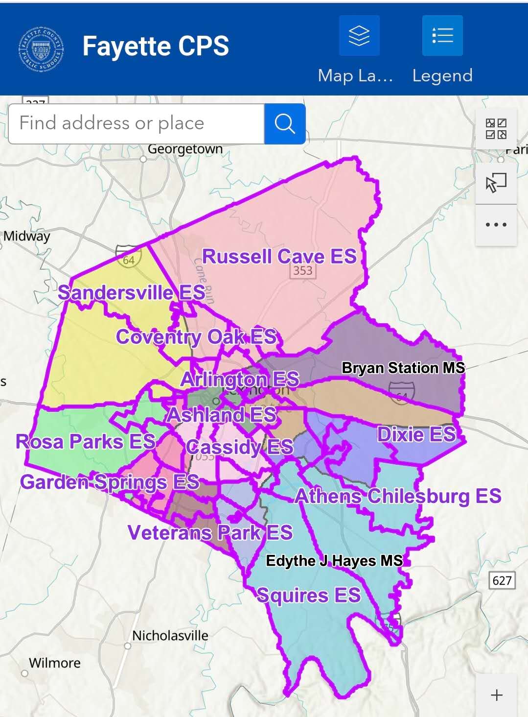 Fayette County elementary school zone map for Lexington, Kentucky