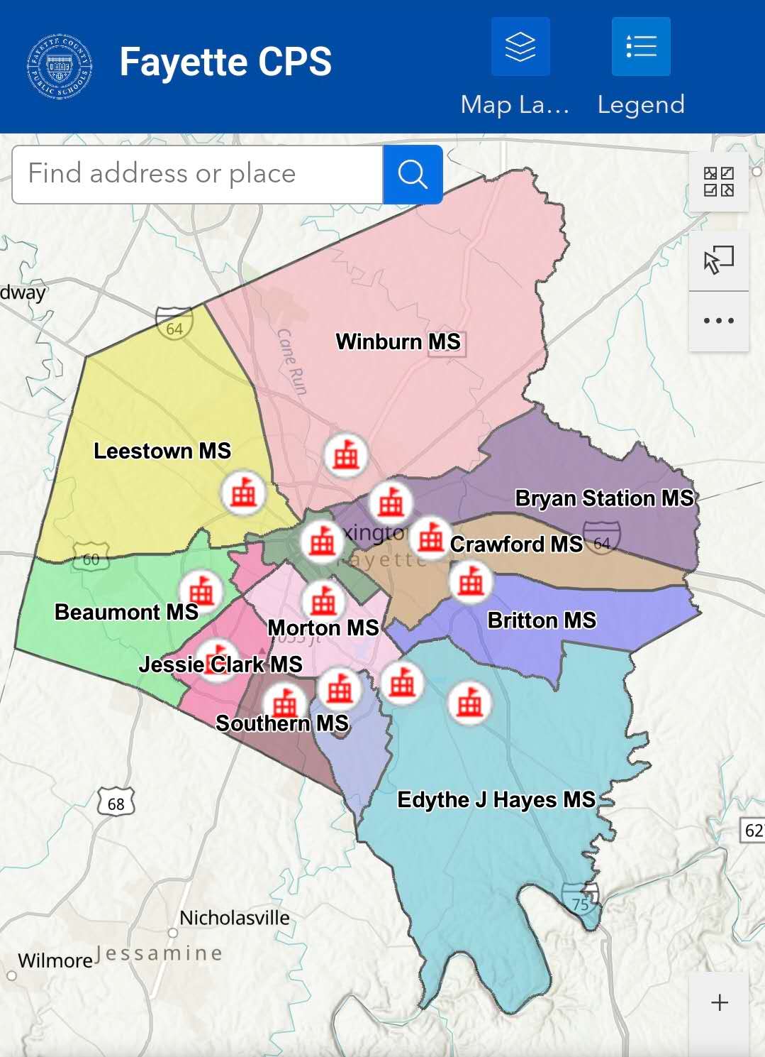 Fayette County middle school zone map for Lexington, Kentucky